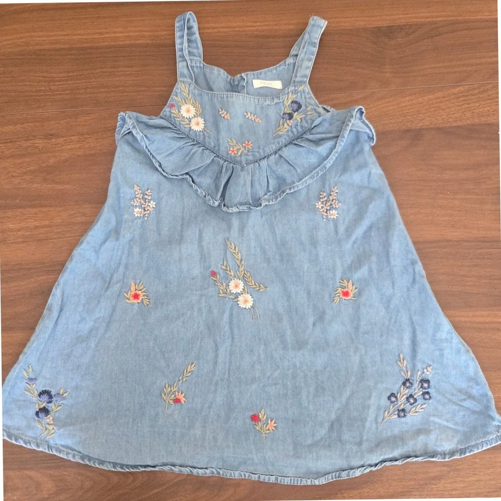 Next Girls Blue Denim Floral Embroidered Ruffle Dress 1.5-2 Years 92cm